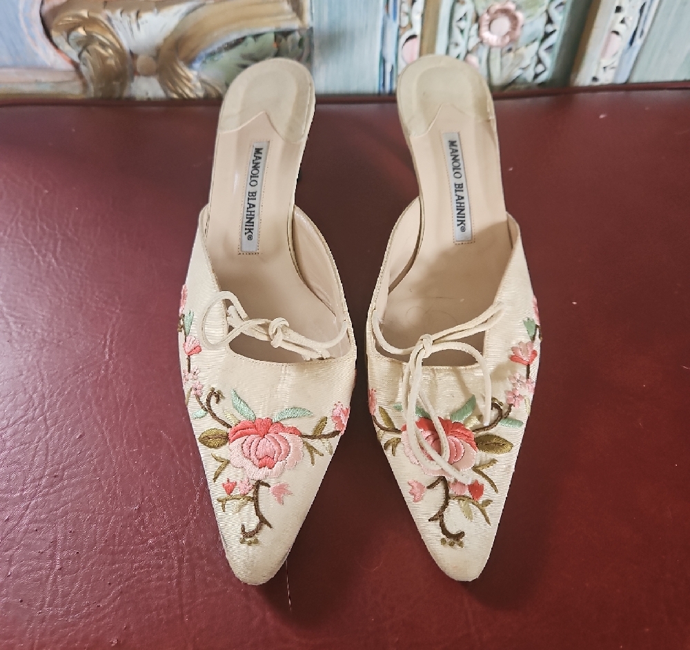 Manolo Blahnik Cream and Pink Mules with Floral Embroidery